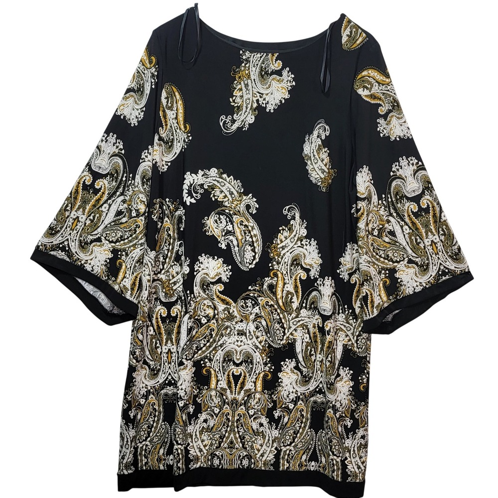 Studio One New York Womens XL Black Gold Paisley Wide Sleeve Shift Dress